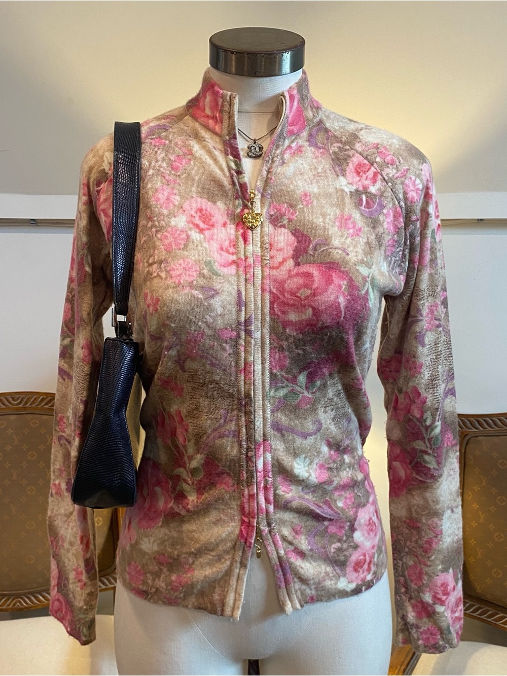 Vintage St. John 100% Cashmere Floral Print Double-Zip Jacket S Pink & Tan Y2K